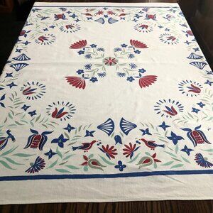 Vintage Simtex Mid-Century Dutch Folk Art Print Birds People Flowers